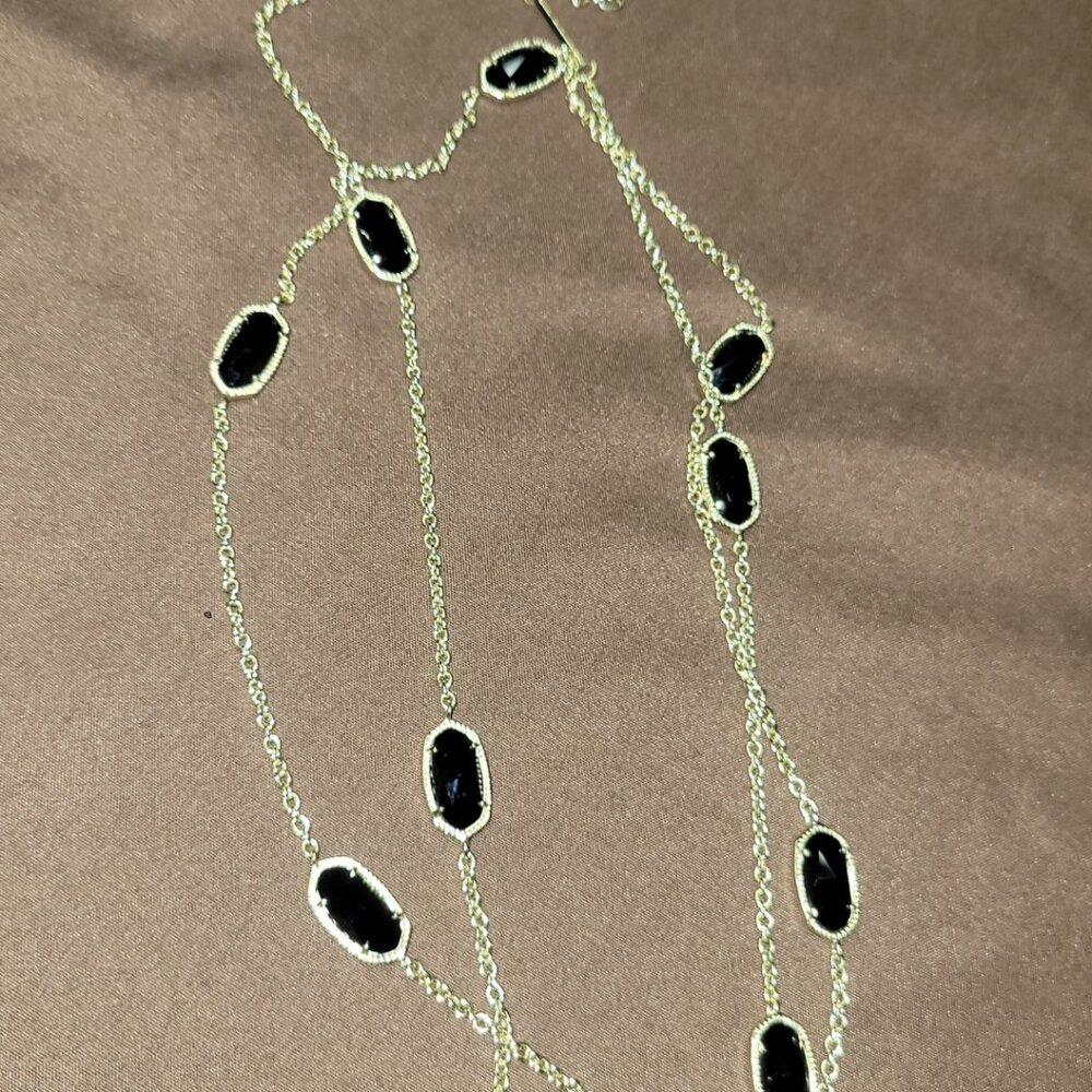 Kendra Scott Kelsie Station Opera Necklace Onyx Gold Plated Chain in Black